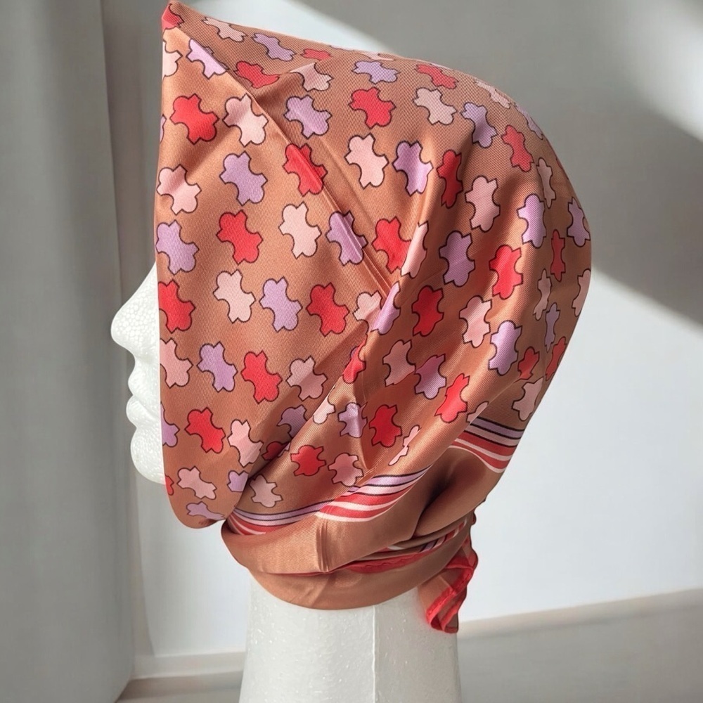 Vintage 70s Scarf Neckerchief 27” Square Puzzle Pieces Pink Lilac Tan